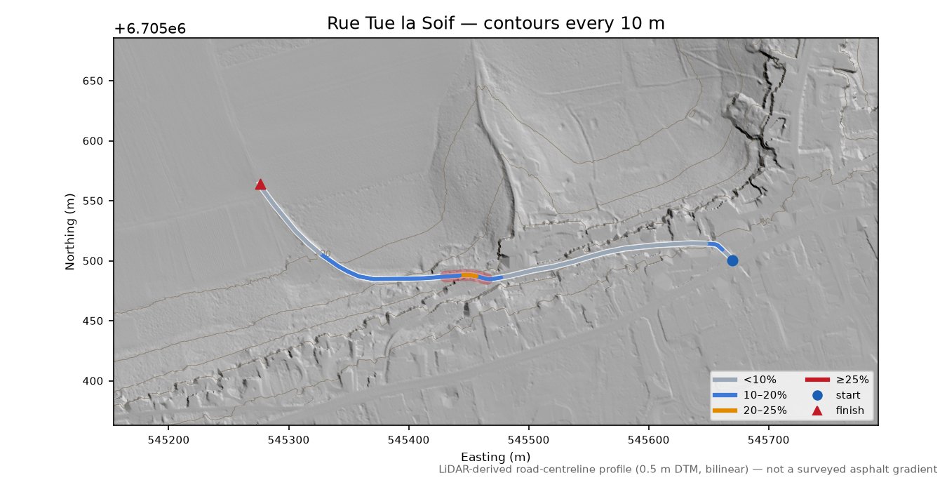 Rue Tue la Soif LiDAR hillshade map with contours
