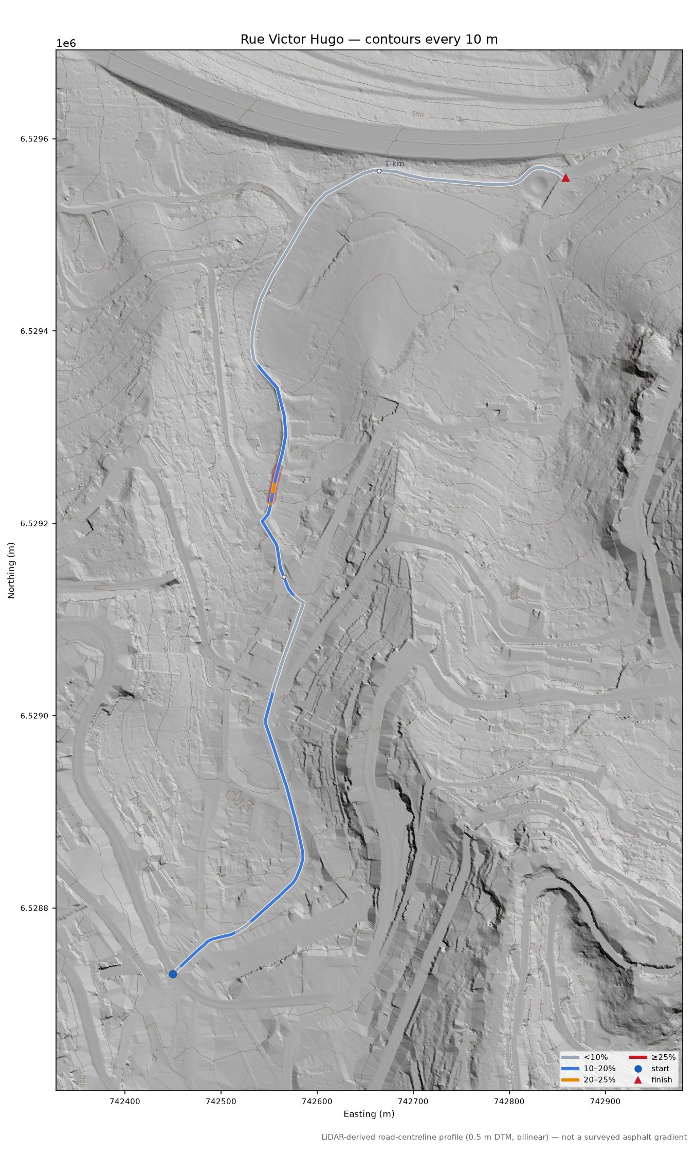 Rue Victor Hugo LiDAR hillshade map with contours