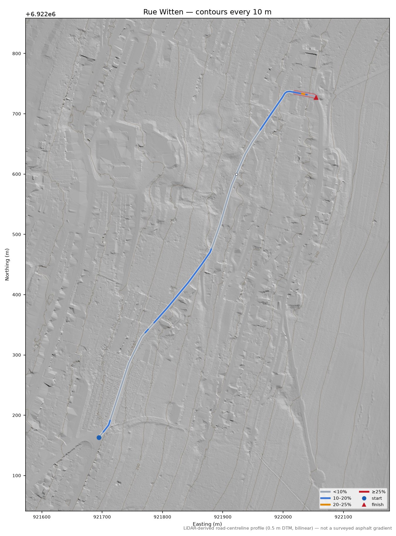 Rue Witten LiDAR hillshade map with contours