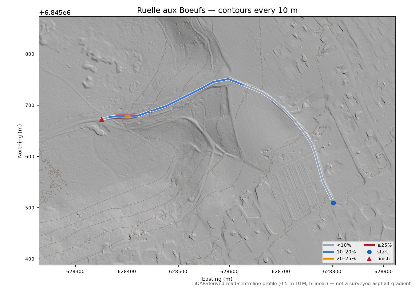 Ruelle aux Boeufs LiDAR hillshade map with contours