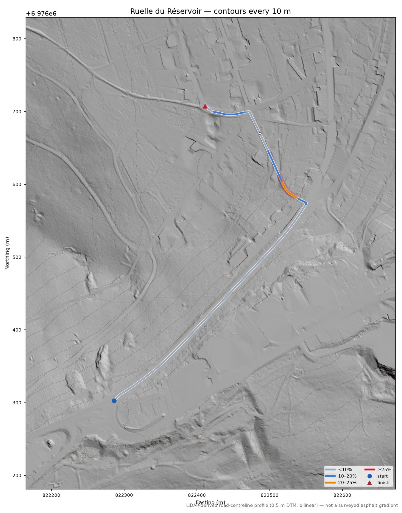 Ruelle du Réservoir LiDAR hillshade map with contours