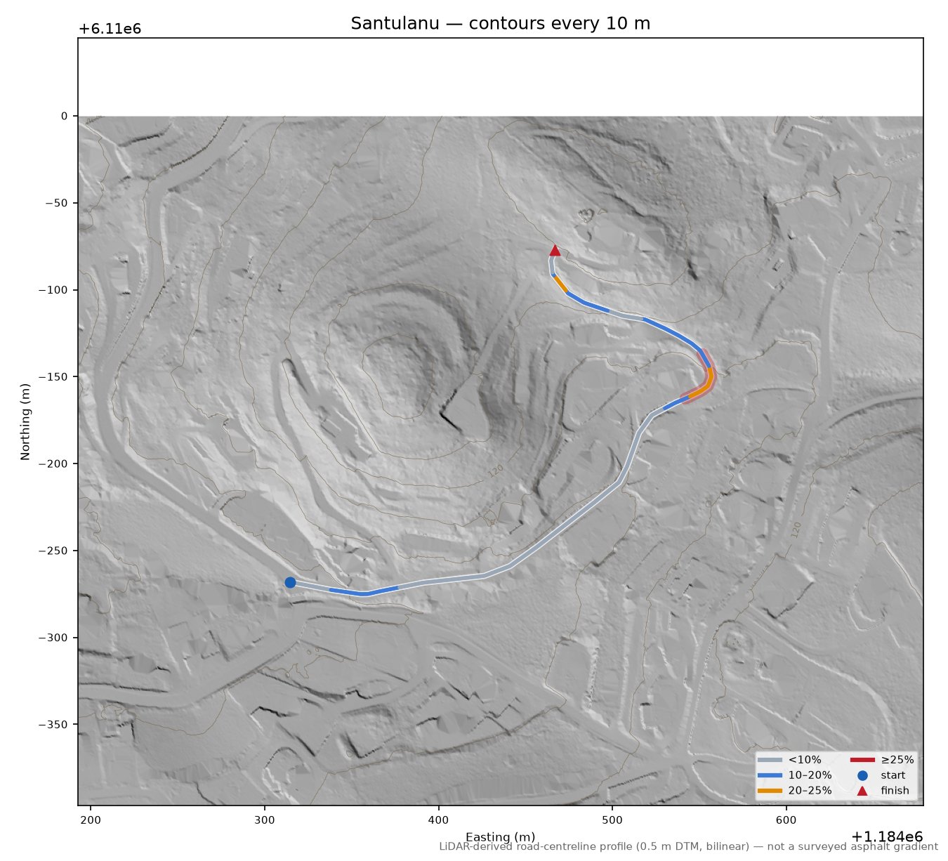Santulanu LiDAR hillshade map with contours