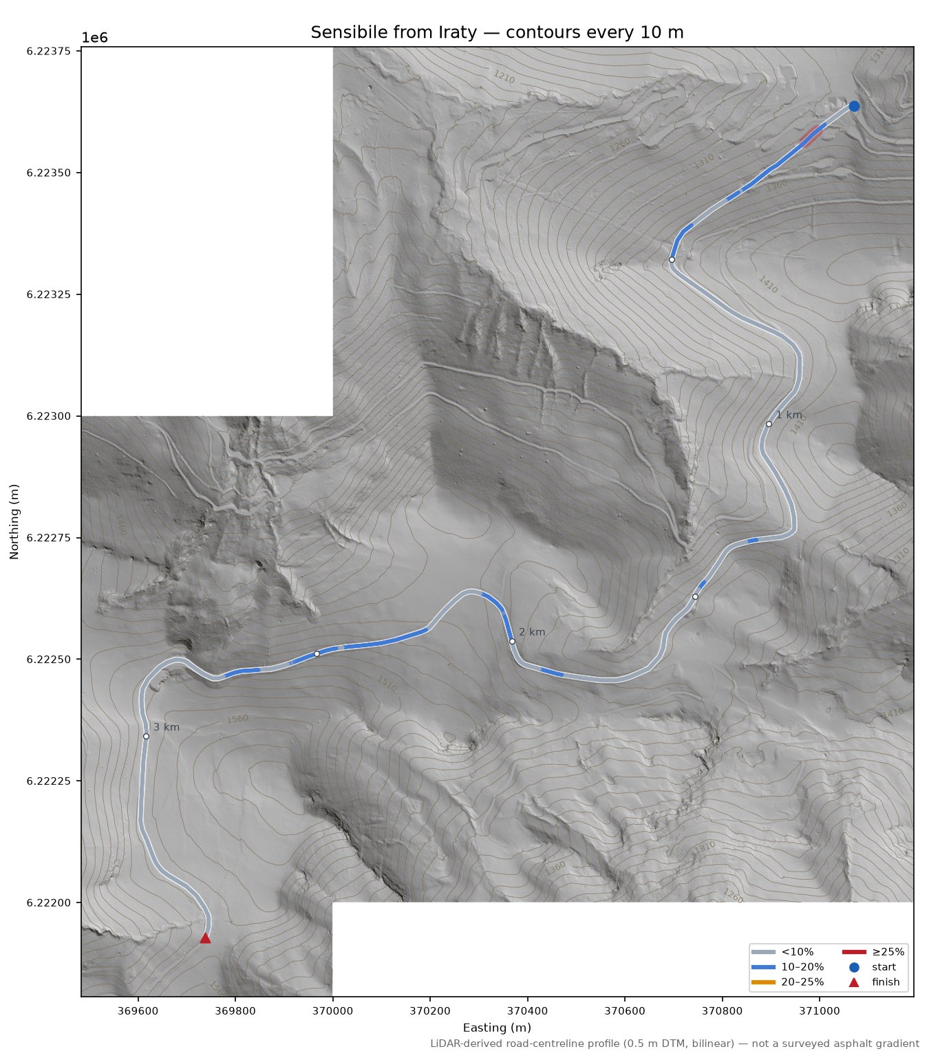 Sensibile from Iraty LiDAR hillshade map with contours
