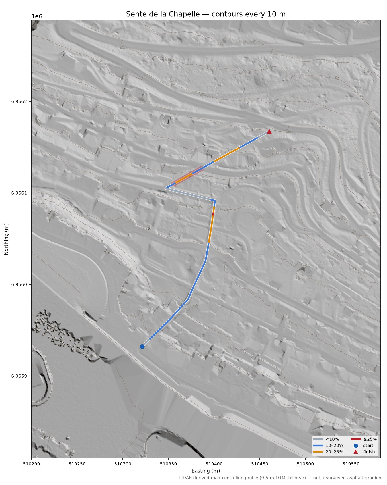 Sente de la Chapelle LiDAR hillshade map with contours