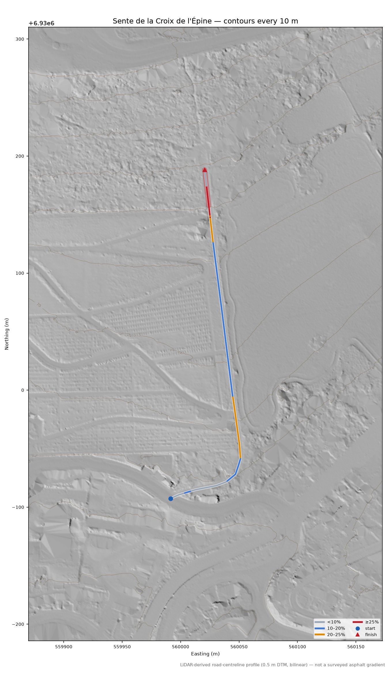 Sente de la Croix de l'Épine LiDAR hillshade map with contours