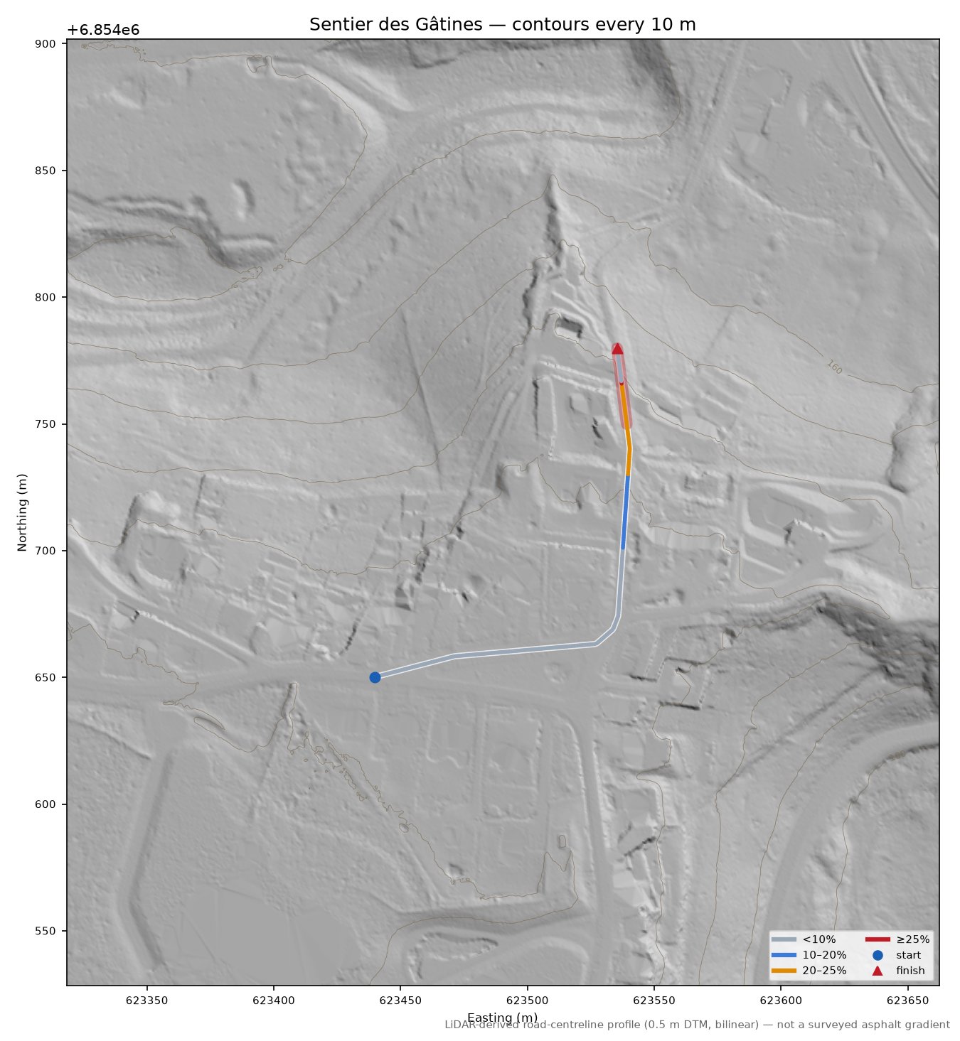 Sentier des Gâtines LiDAR hillshade map with contours