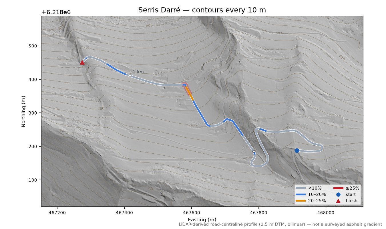 Serris Darré LiDAR hillshade map with contours