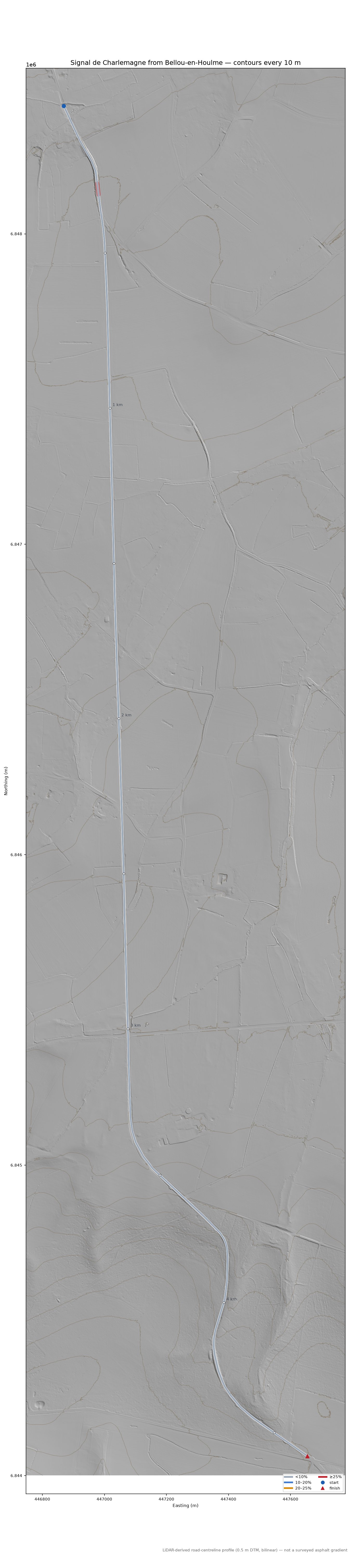 Signal de Charlemagne from Bellou-en-Houlme LiDAR hillshade map with contours