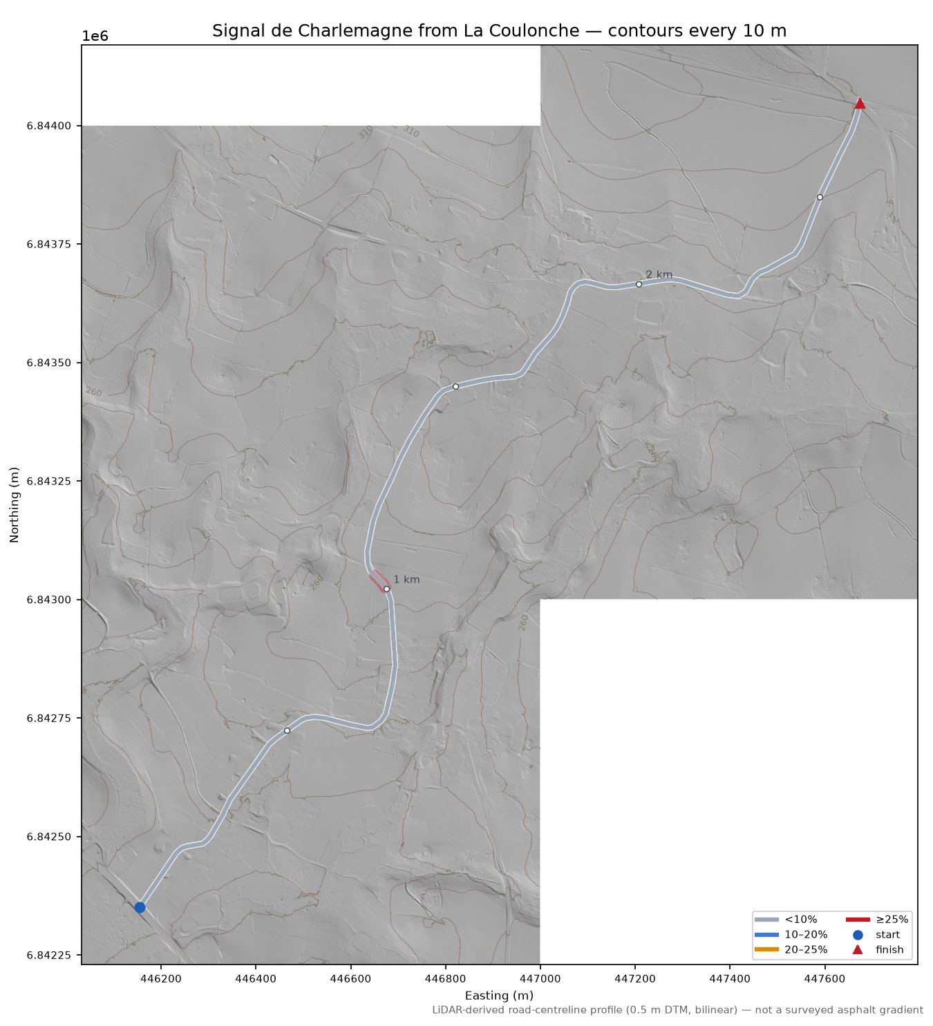 Signal de Charlemagne from La Coulonche LiDAR hillshade map with contours