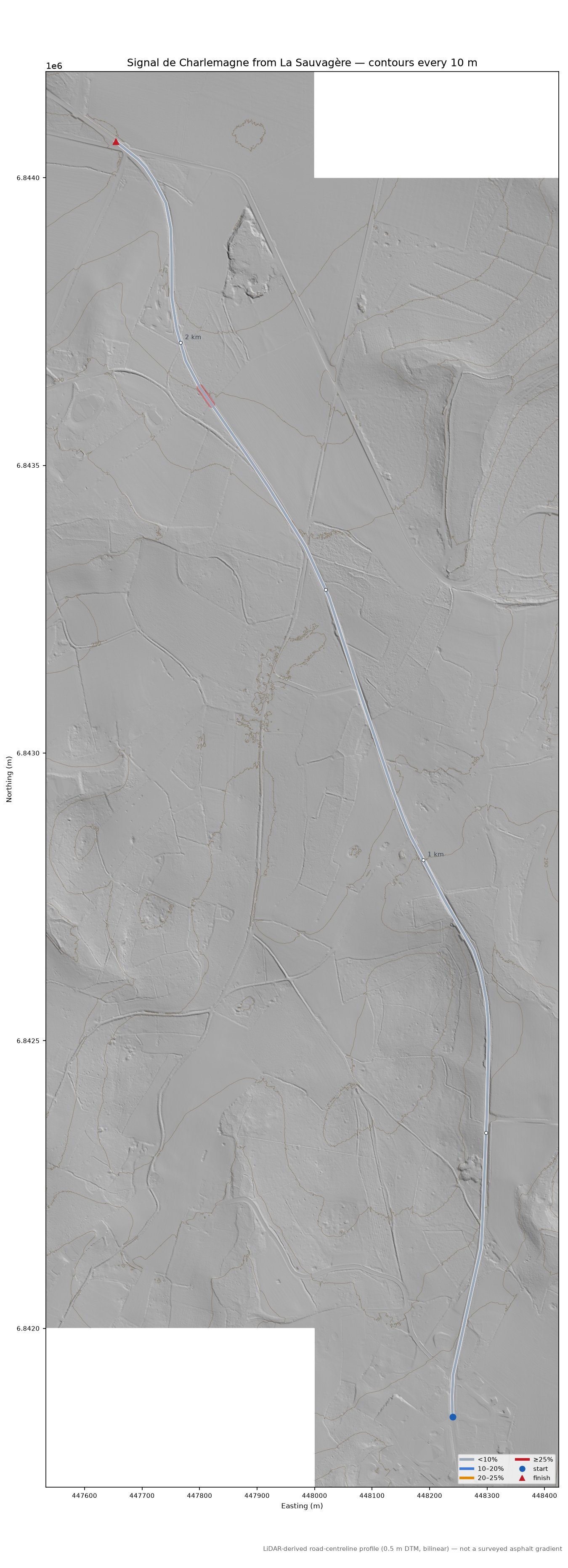 Signal de Charlemagne from La Sauvagère LiDAR hillshade map with contours