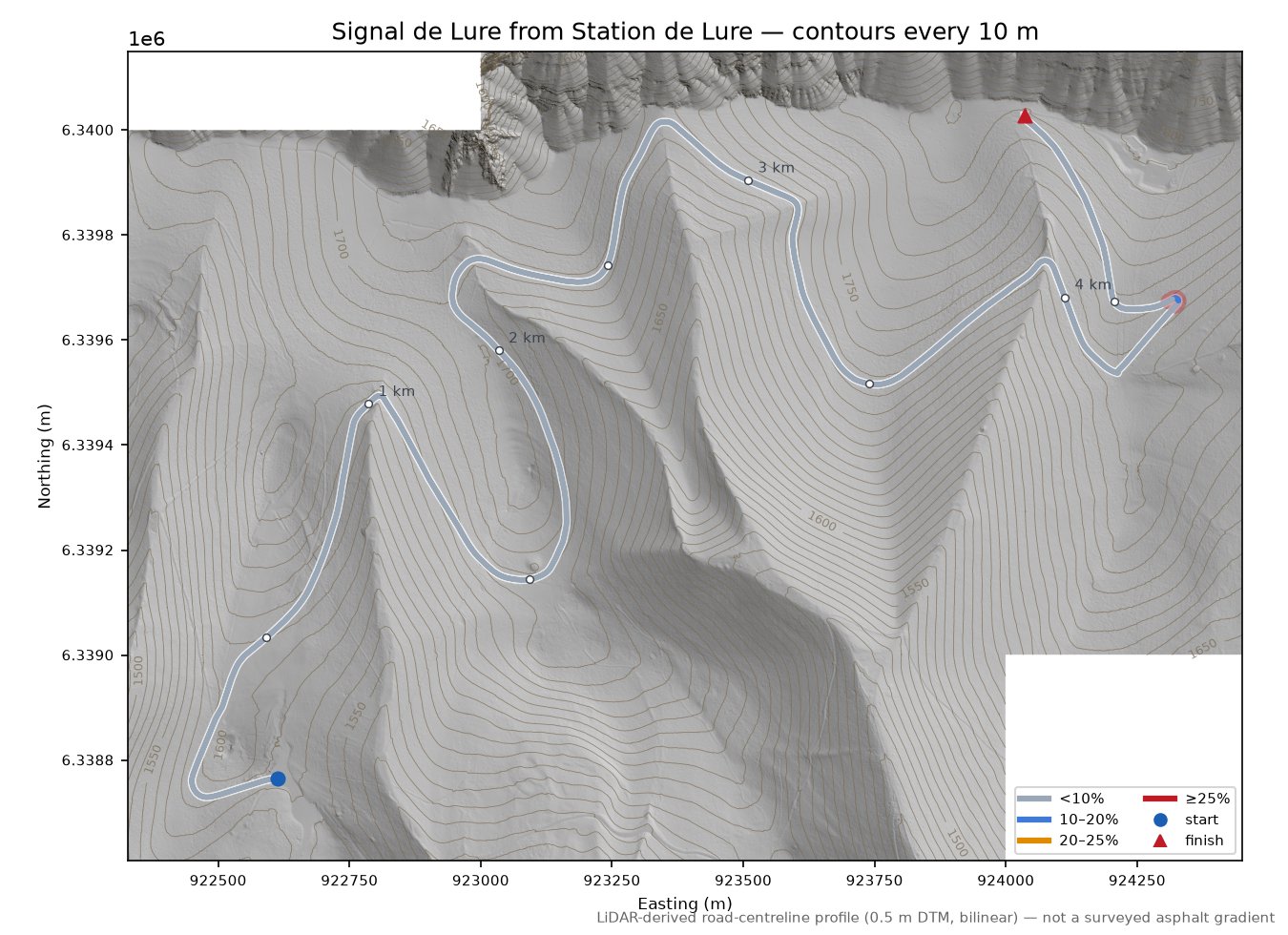 Signal de Lure from Station de Lure LiDAR hillshade map with contours