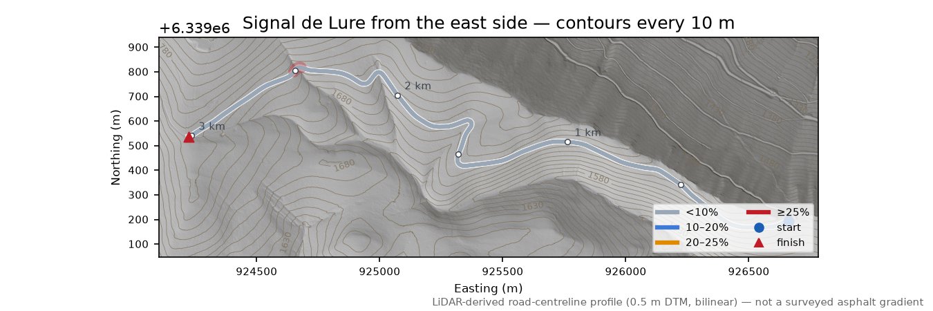 Signal de Lure from the east side LiDAR hillshade map with contours