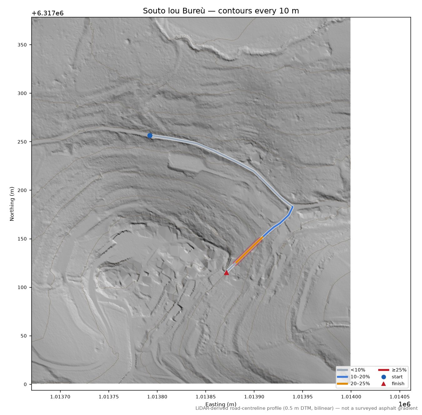 Souto lou Bureù LiDAR hillshade map with contours