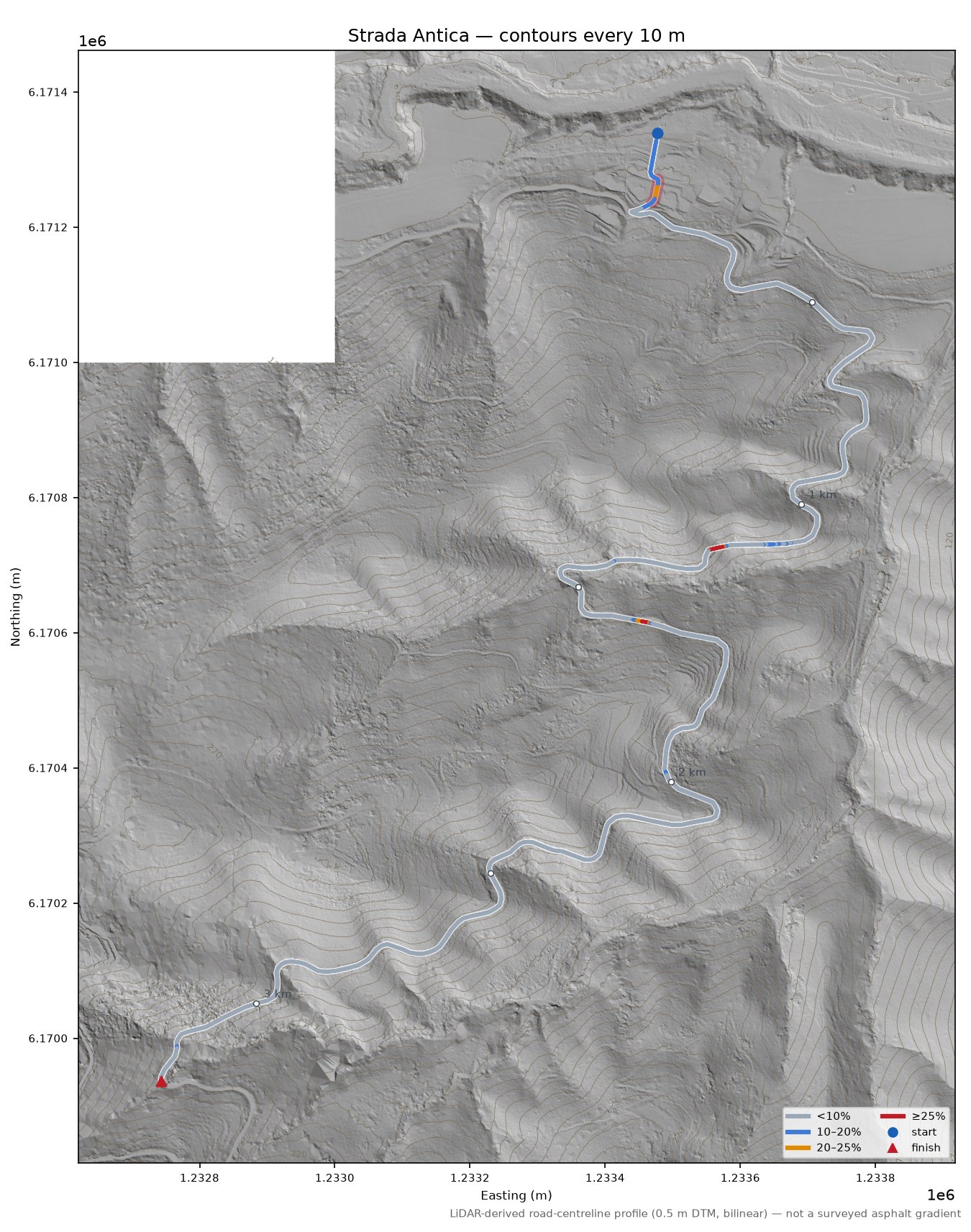 Strada Antica LiDAR hillshade map with contours