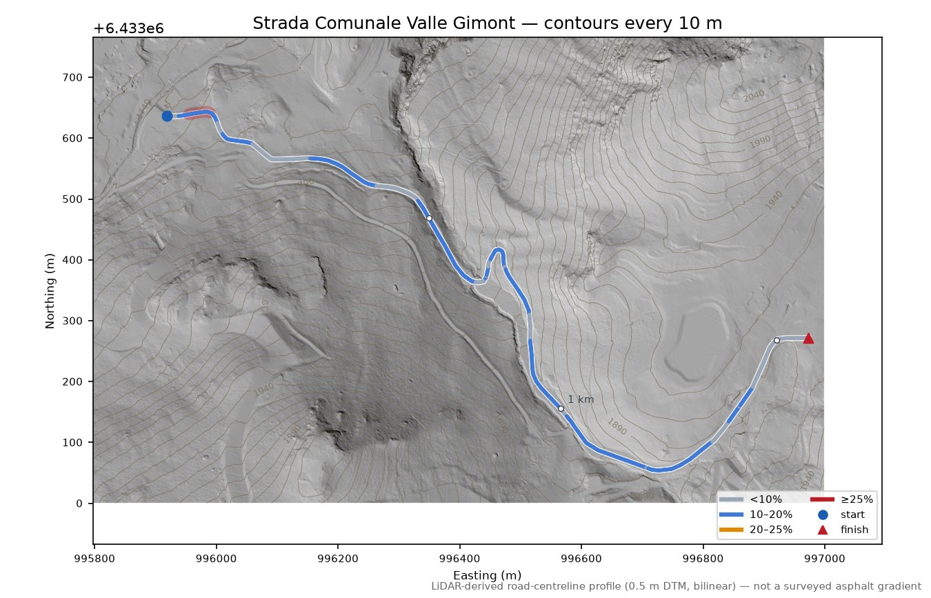 Strada Comunale Valle Gimont LiDAR hillshade map with contours