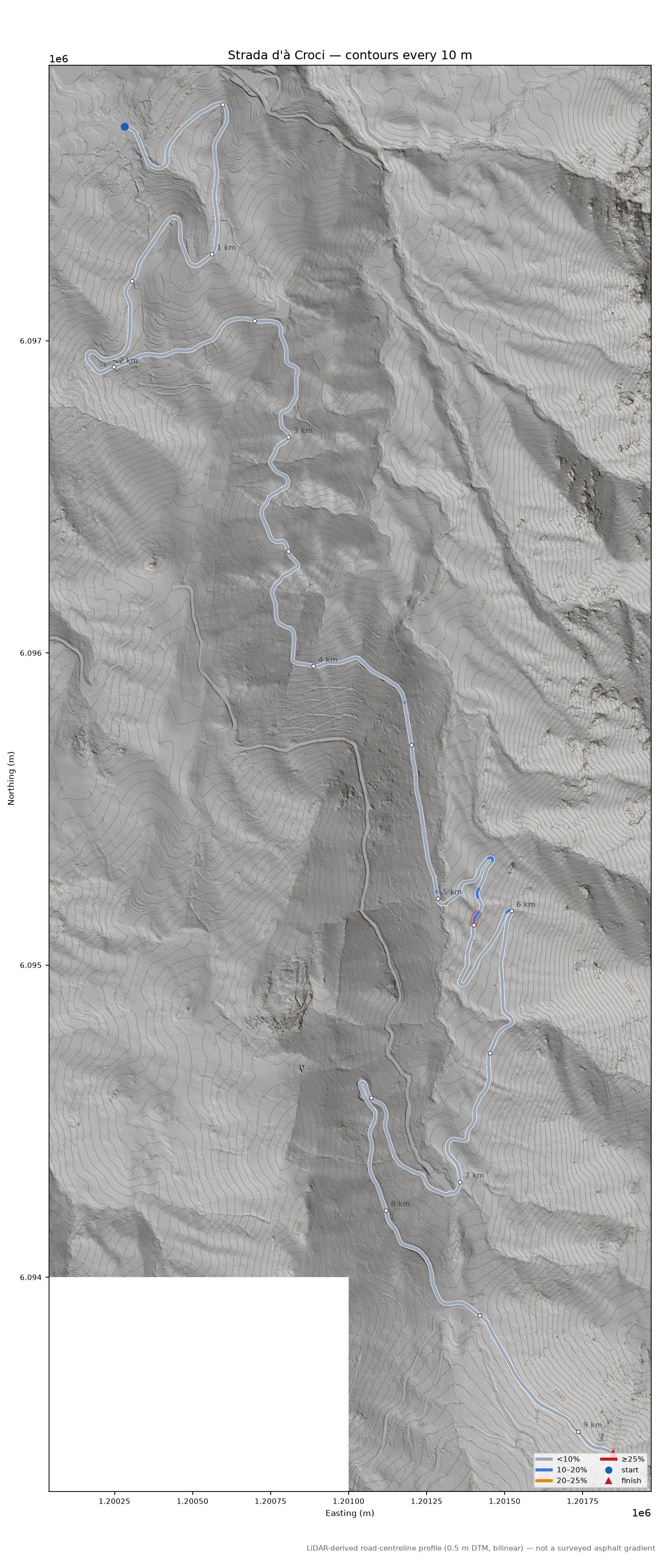 Strada d'à Croci LiDAR hillshade map with contours