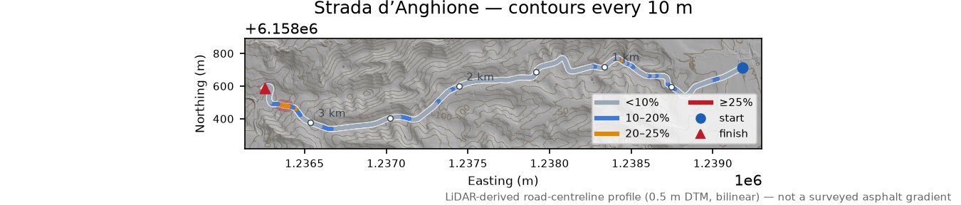 Strada d’Anghione LiDAR hillshade map with contours
