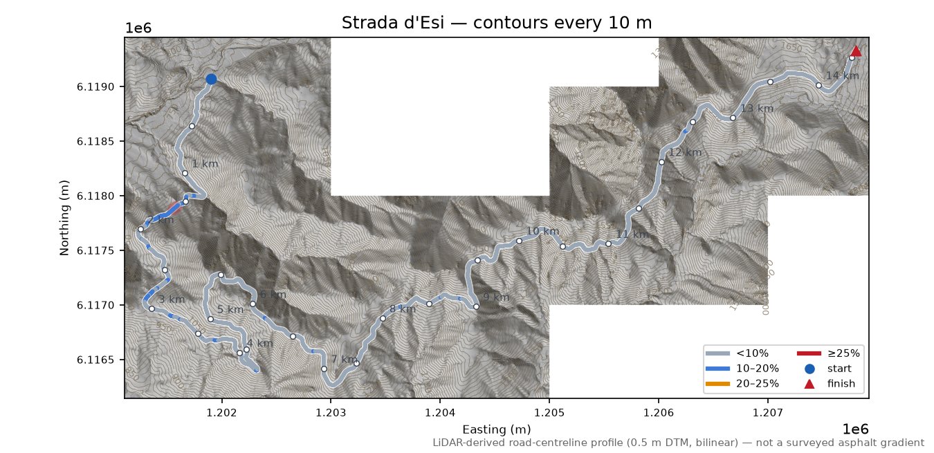 Strada d'Esi LiDAR hillshade map with contours