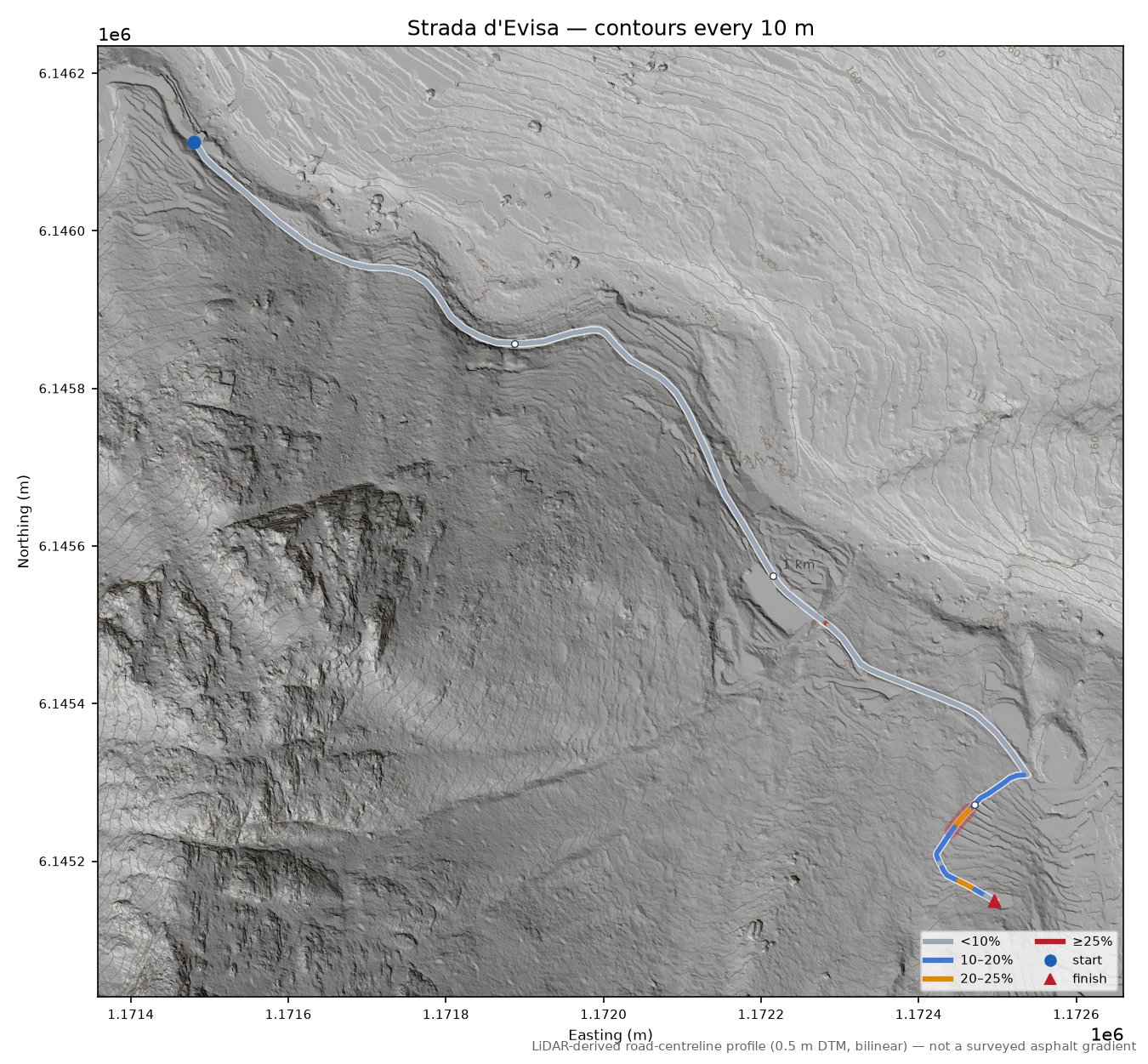 Strada d'Evisa LiDAR hillshade map with contours