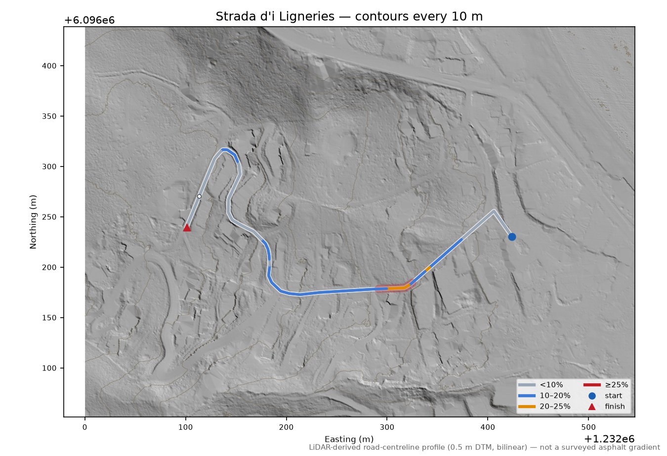 Strada d'i Ligneries LiDAR hillshade map with contours