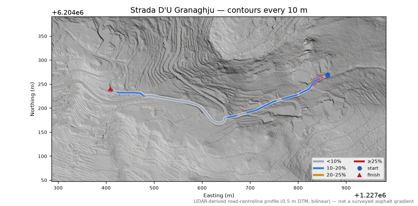 Strada D'U Granaghju LiDAR hillshade map with contours