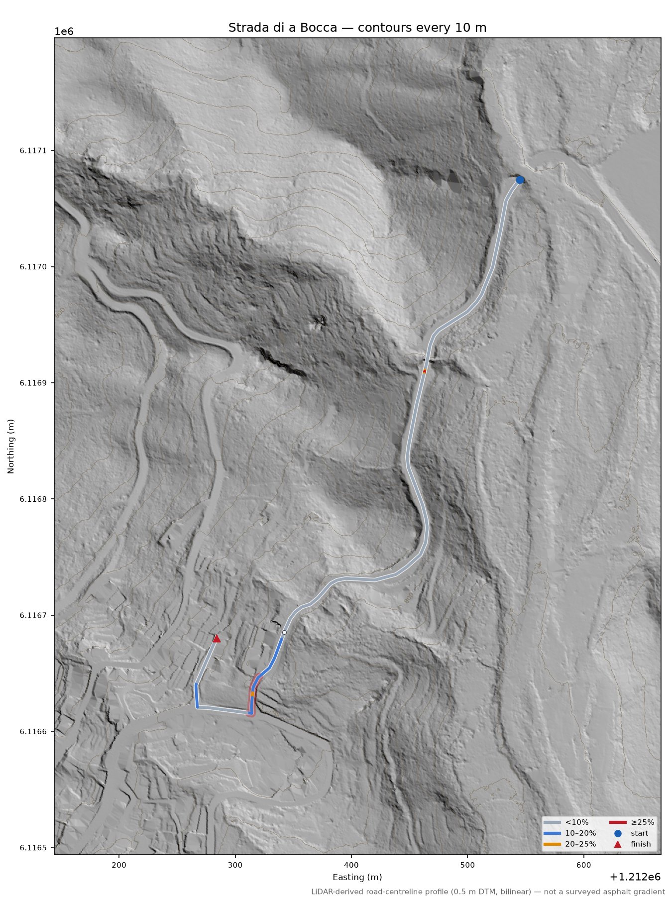Strada di a Bocca LiDAR hillshade map with contours
