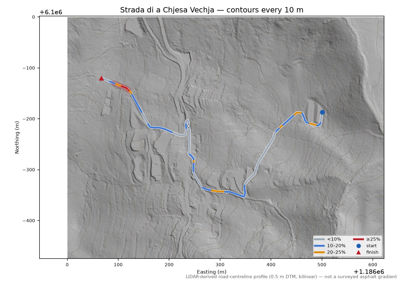 Strada di a Chjesa Vechja LiDAR hillshade map with contours