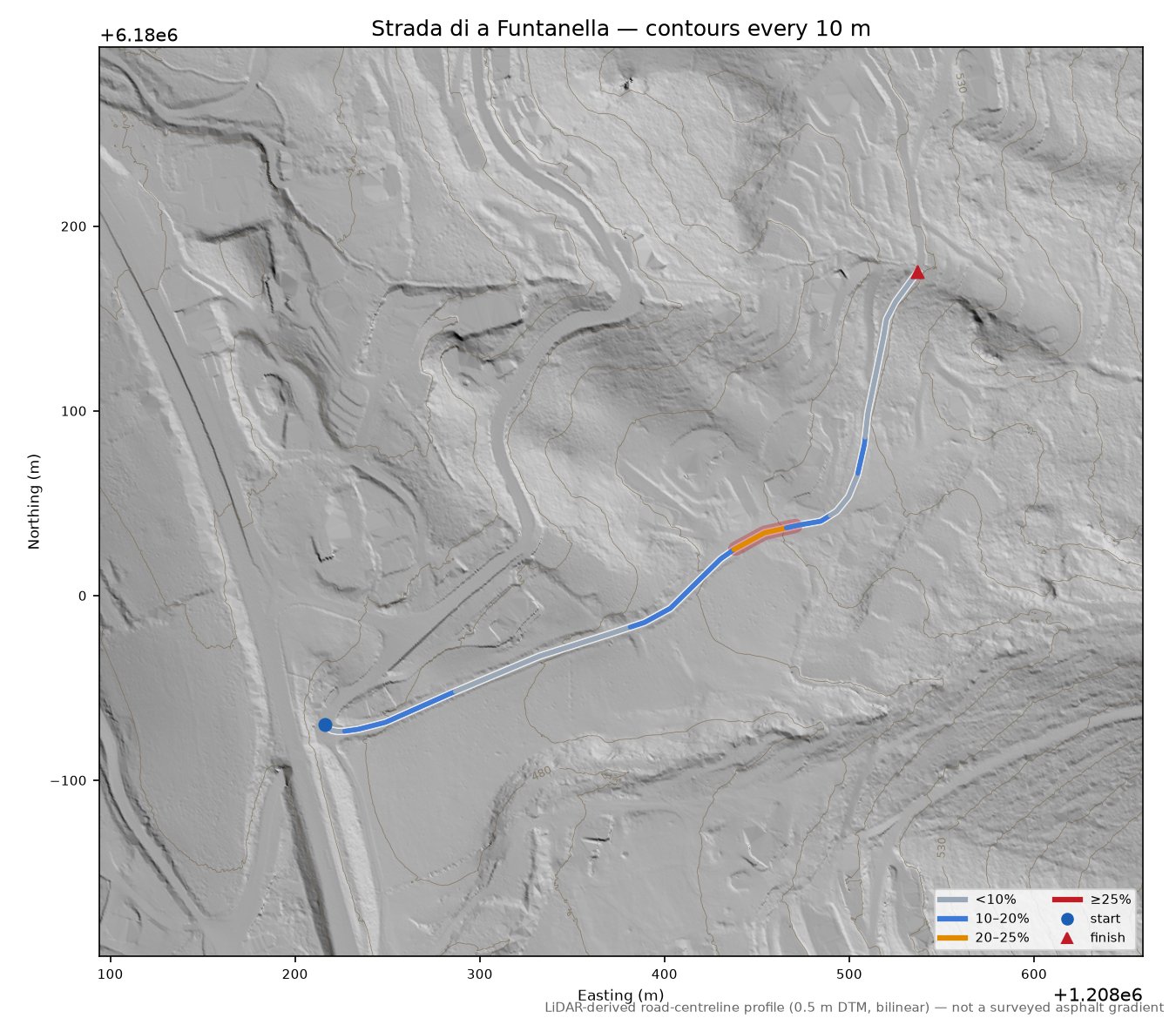 Strada di a Funtanella LiDAR hillshade map with contours