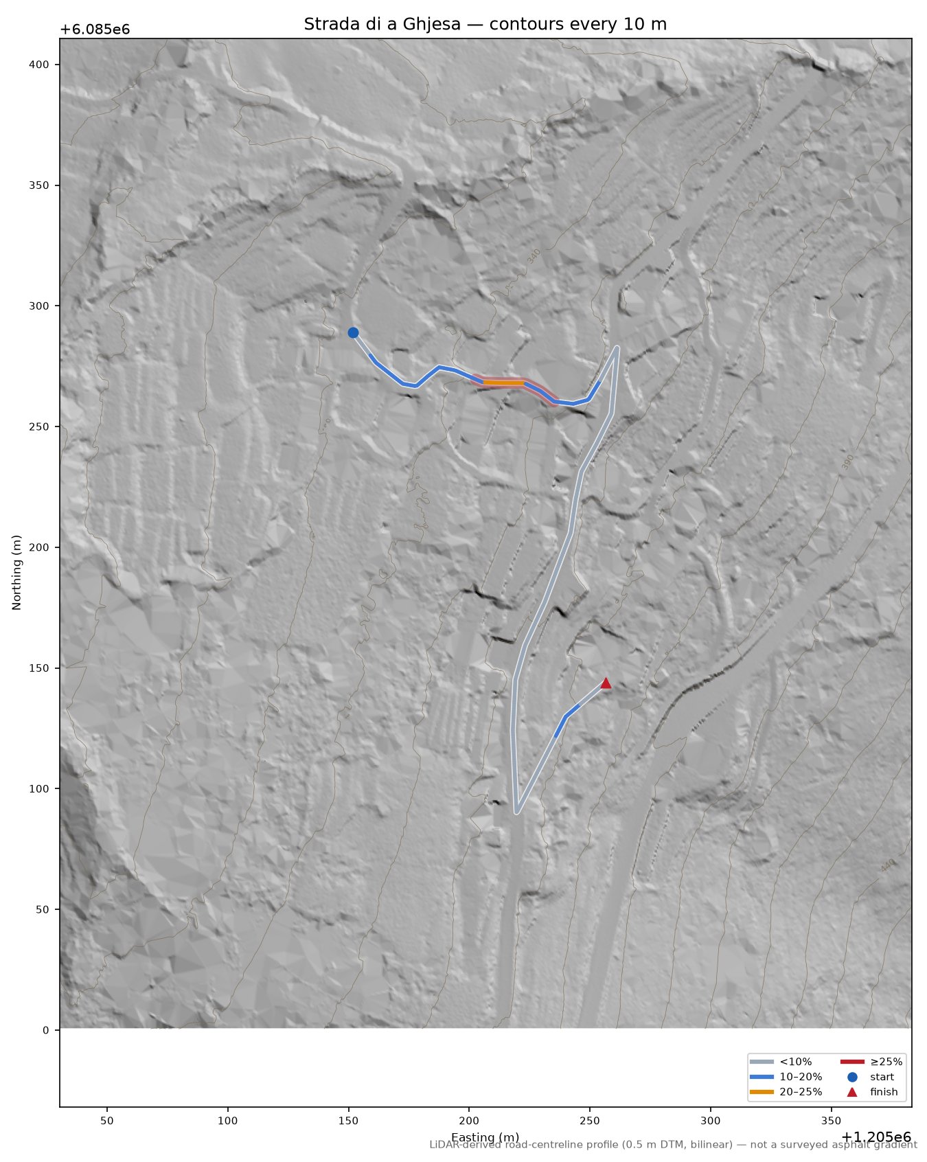 Strada di a Ghjesa LiDAR hillshade map with contours