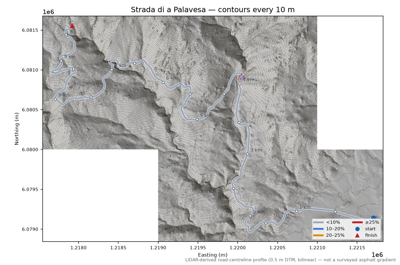 Strada di a Palavesa LiDAR hillshade map with contours