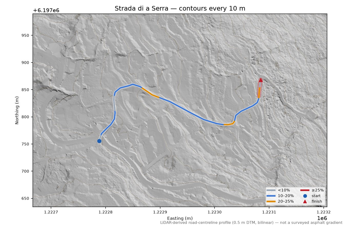 Strada di a Serra LiDAR hillshade map with contours