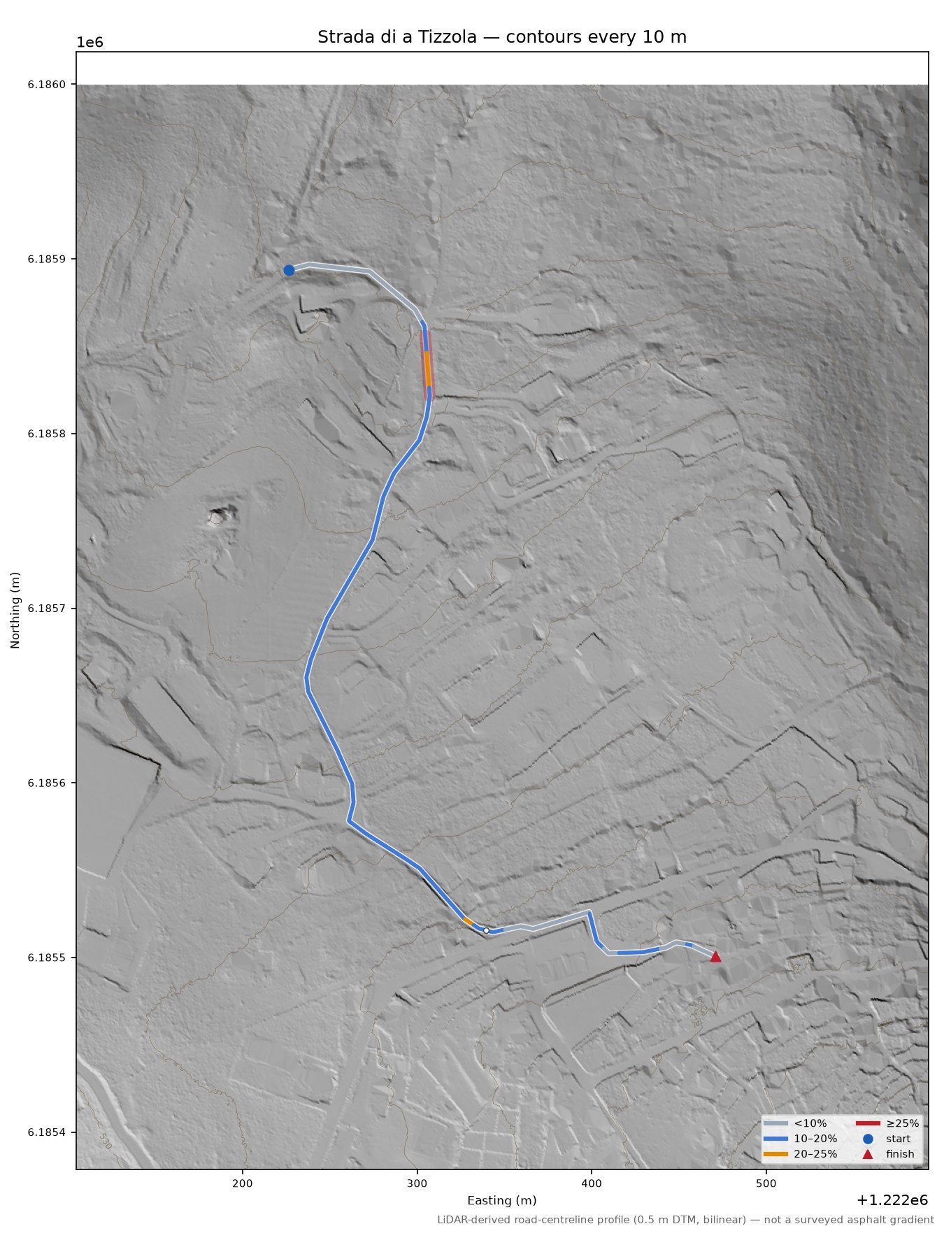 Strada di a Tizzola LiDAR hillshade map with contours