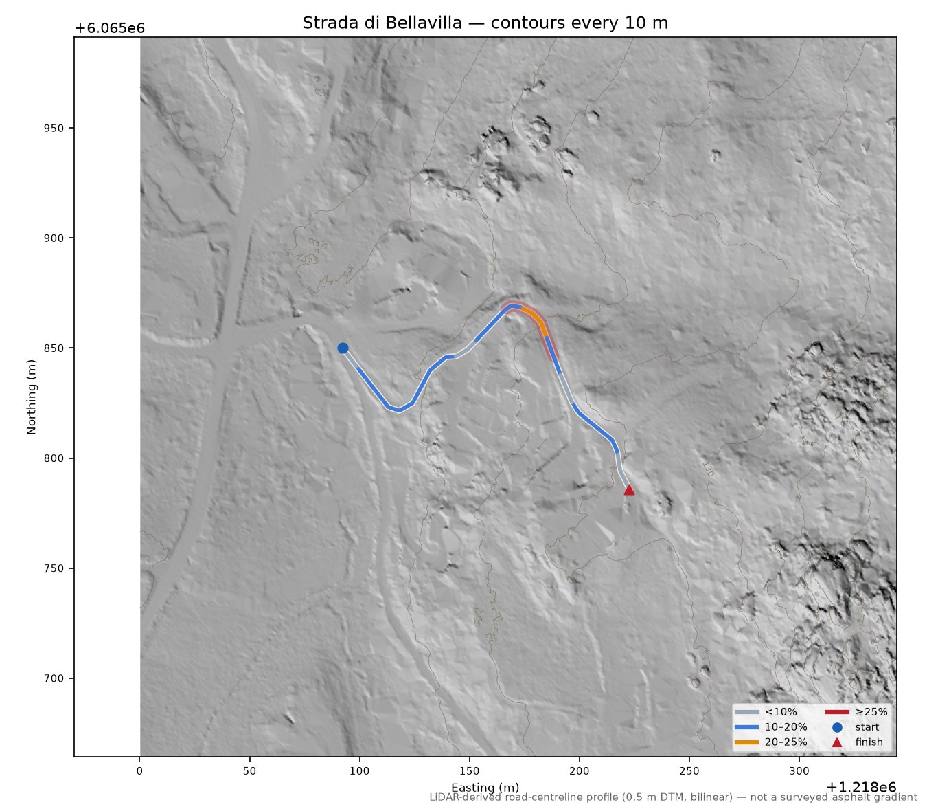 Strada di Bellavilla LiDAR hillshade map with contours