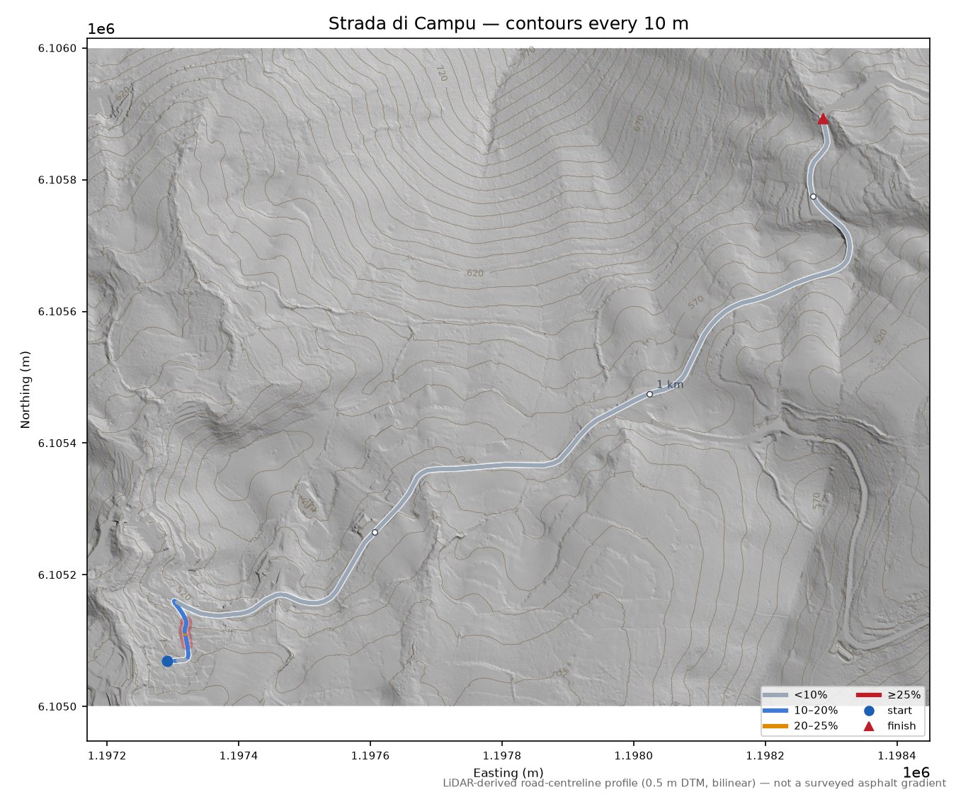Strada di Campu LiDAR hillshade map with contours