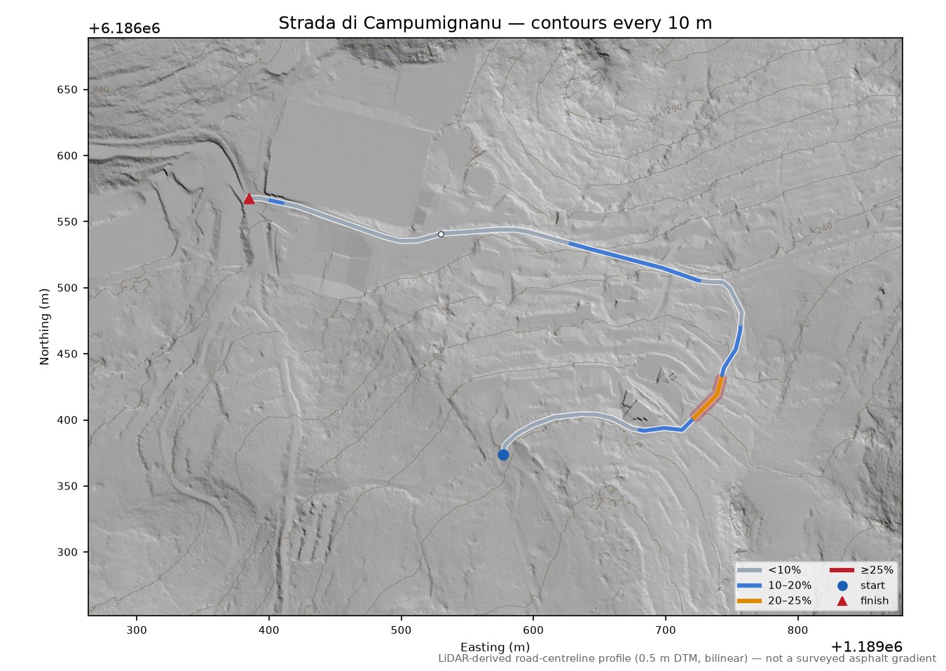 Strada di Campumignanu LiDAR hillshade map with contours