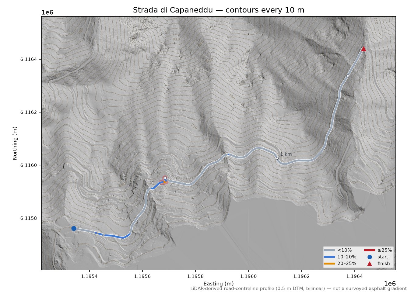 Strada di Capaneddu LiDAR hillshade map with contours