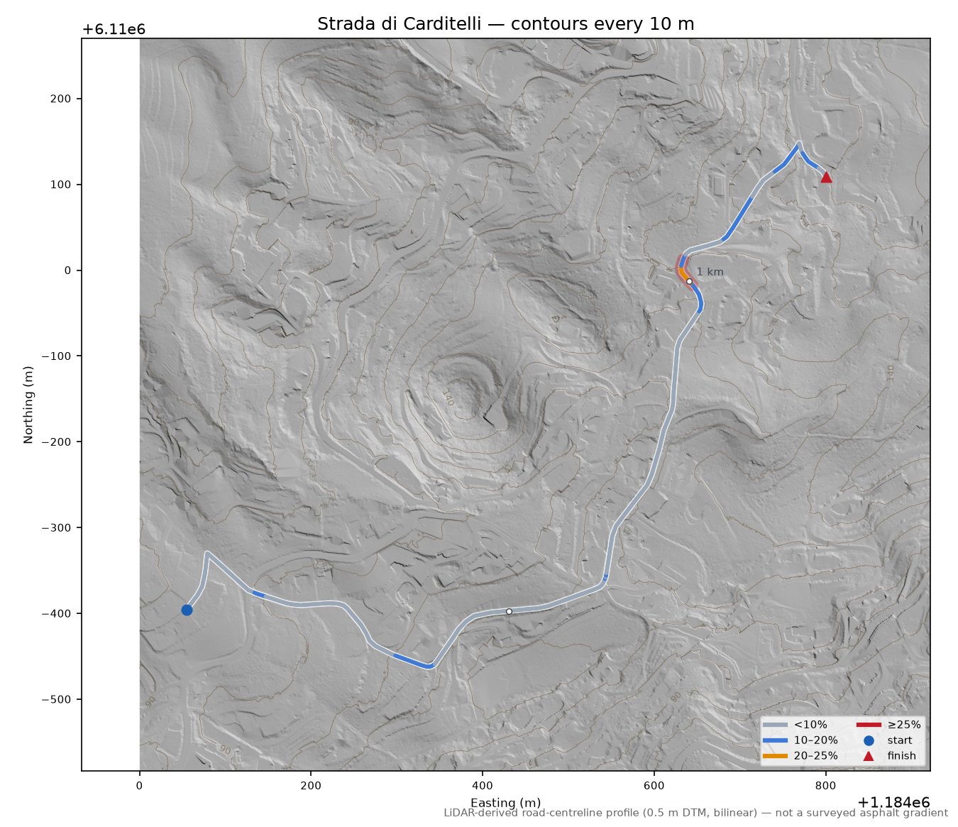 Strada di Carditelli LiDAR hillshade map with contours