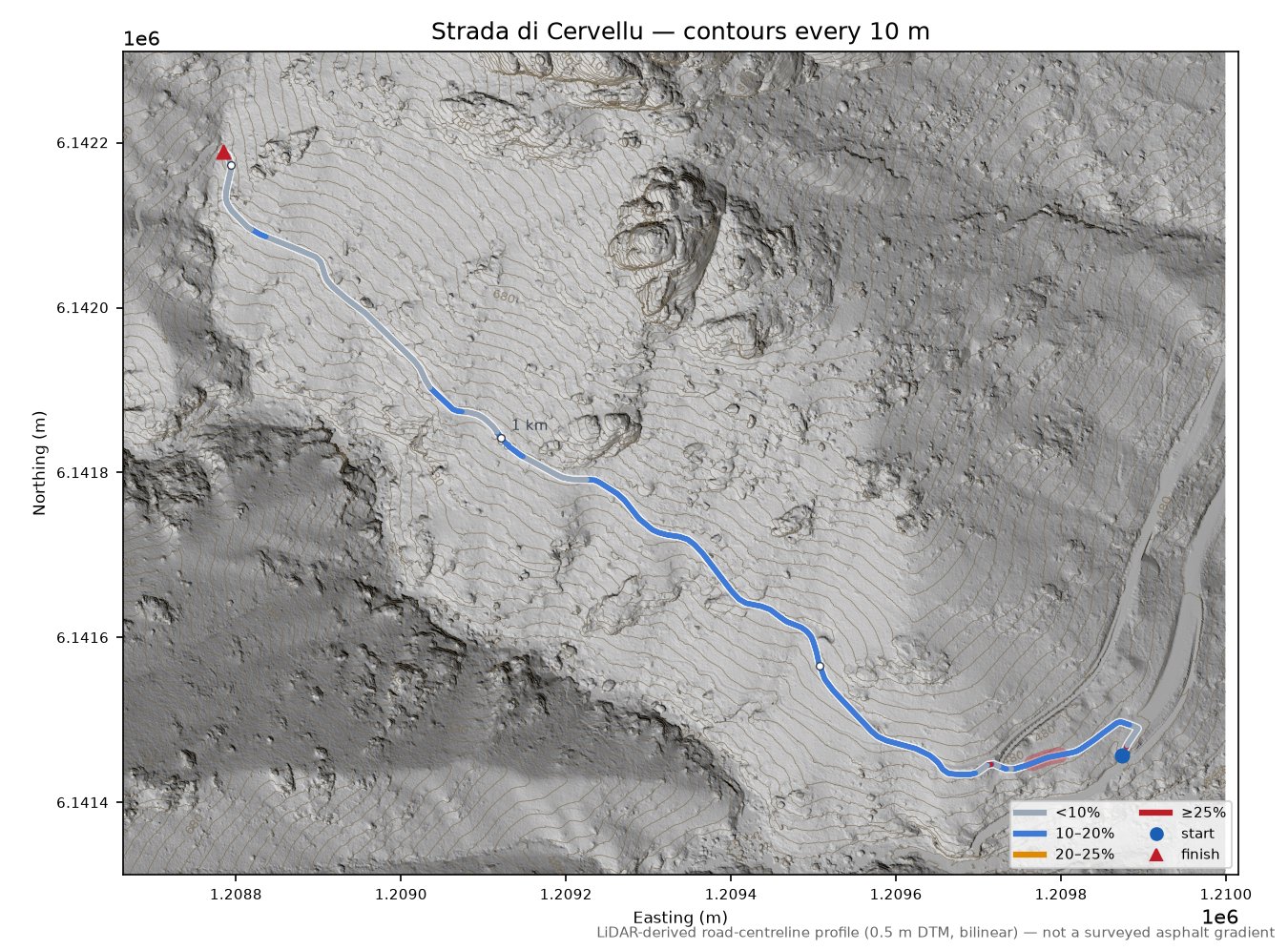 Strada di Cervellu LiDAR hillshade map with contours