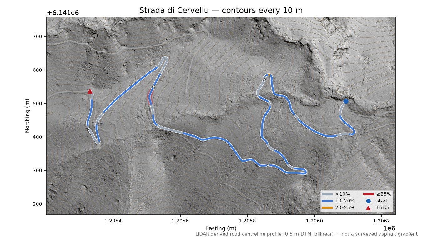 Strada di Cervellu LiDAR hillshade map with contours