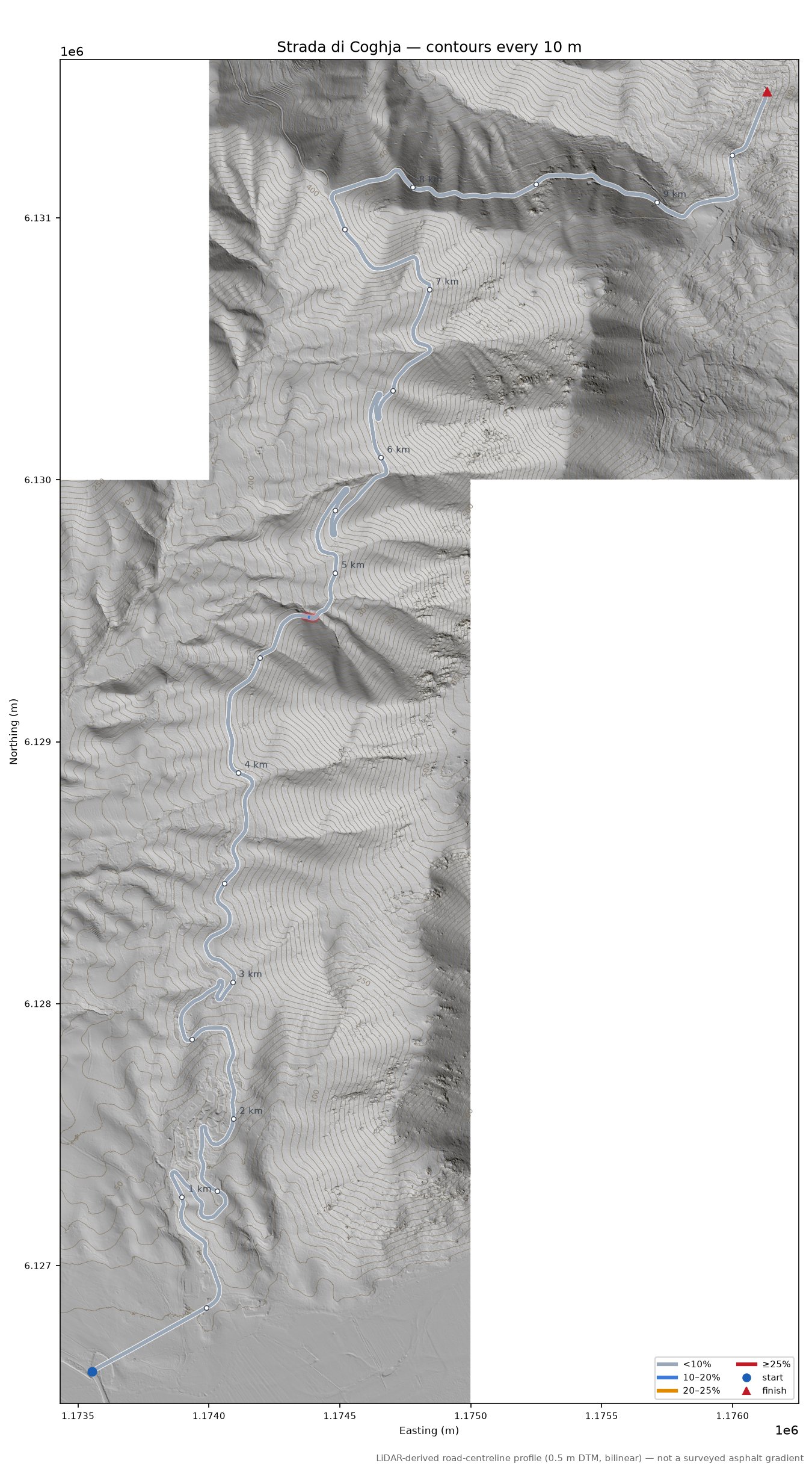 Strada di Coghja LiDAR hillshade map with contours