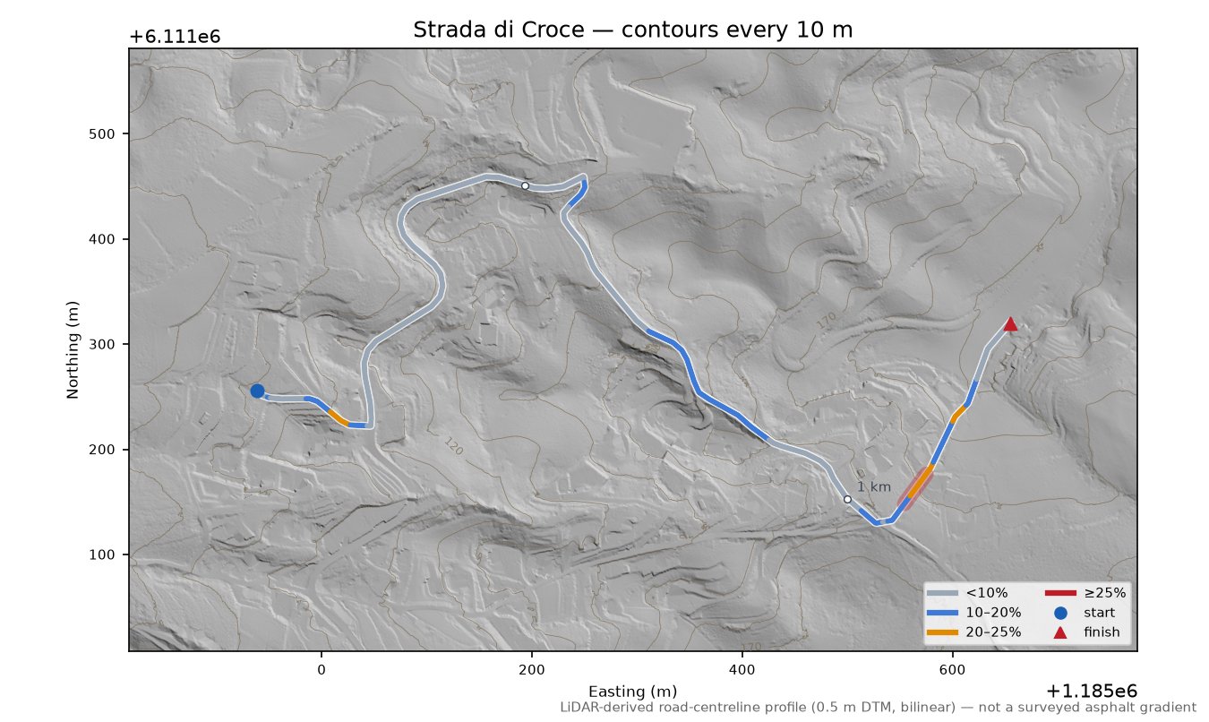 Strada di Croce LiDAR hillshade map with contours