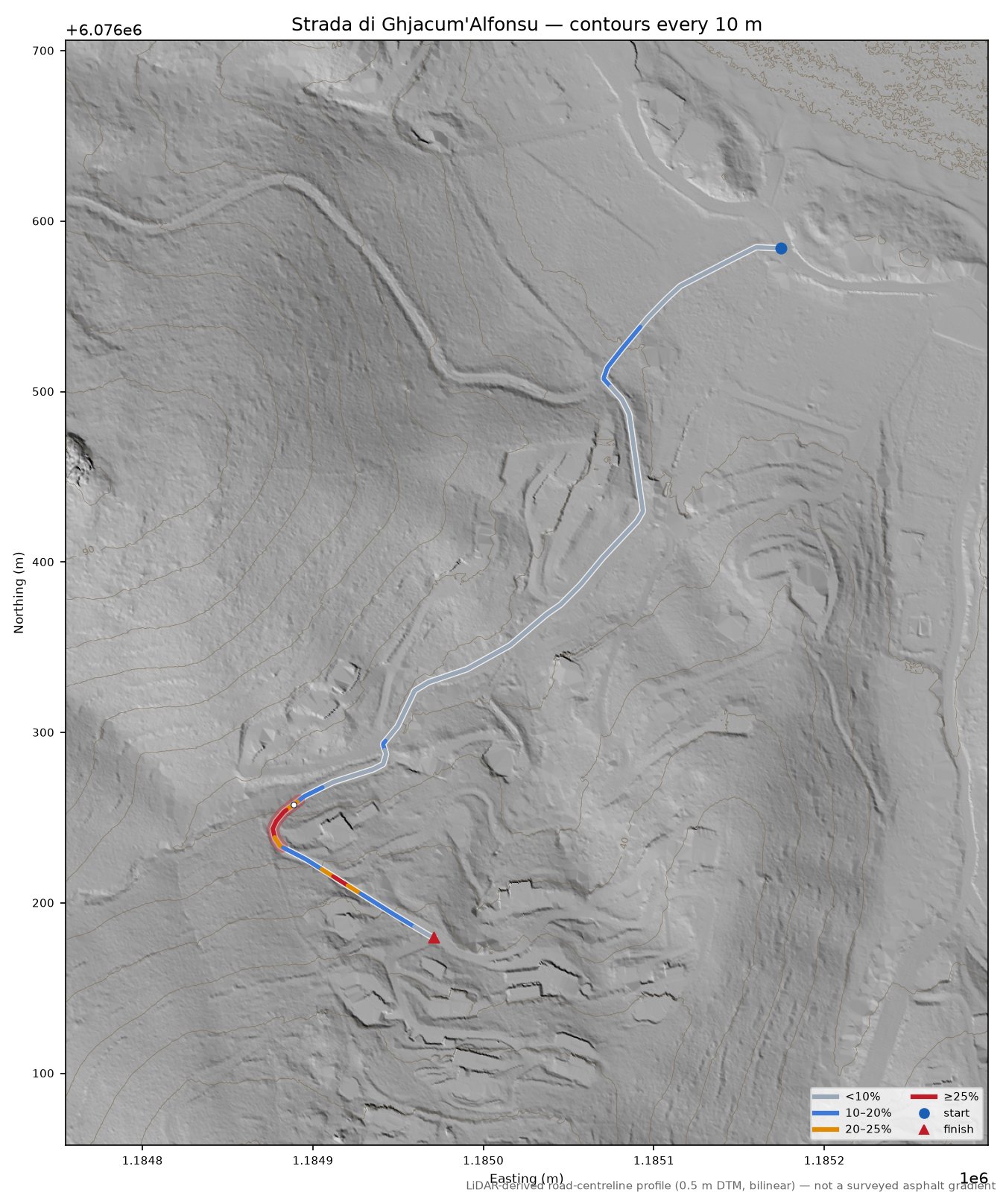 Strada di Ghjacum'Alfonsu LiDAR hillshade map with contours