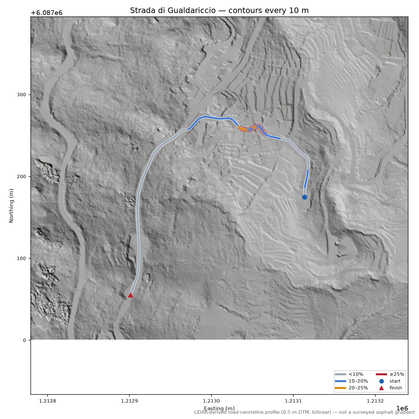 Strada di Gualdariccio LiDAR hillshade map with contours
