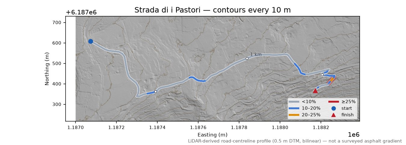 Strada di i Pastori LiDAR hillshade map with contours