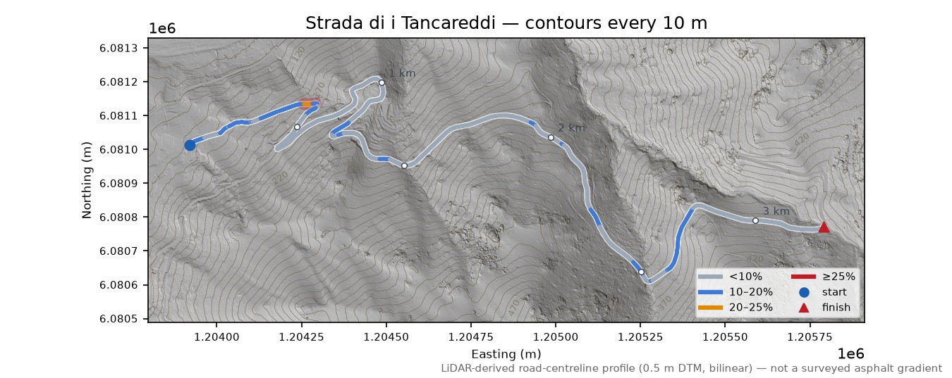 Strada di i Tancareddi LiDAR hillshade map with contours