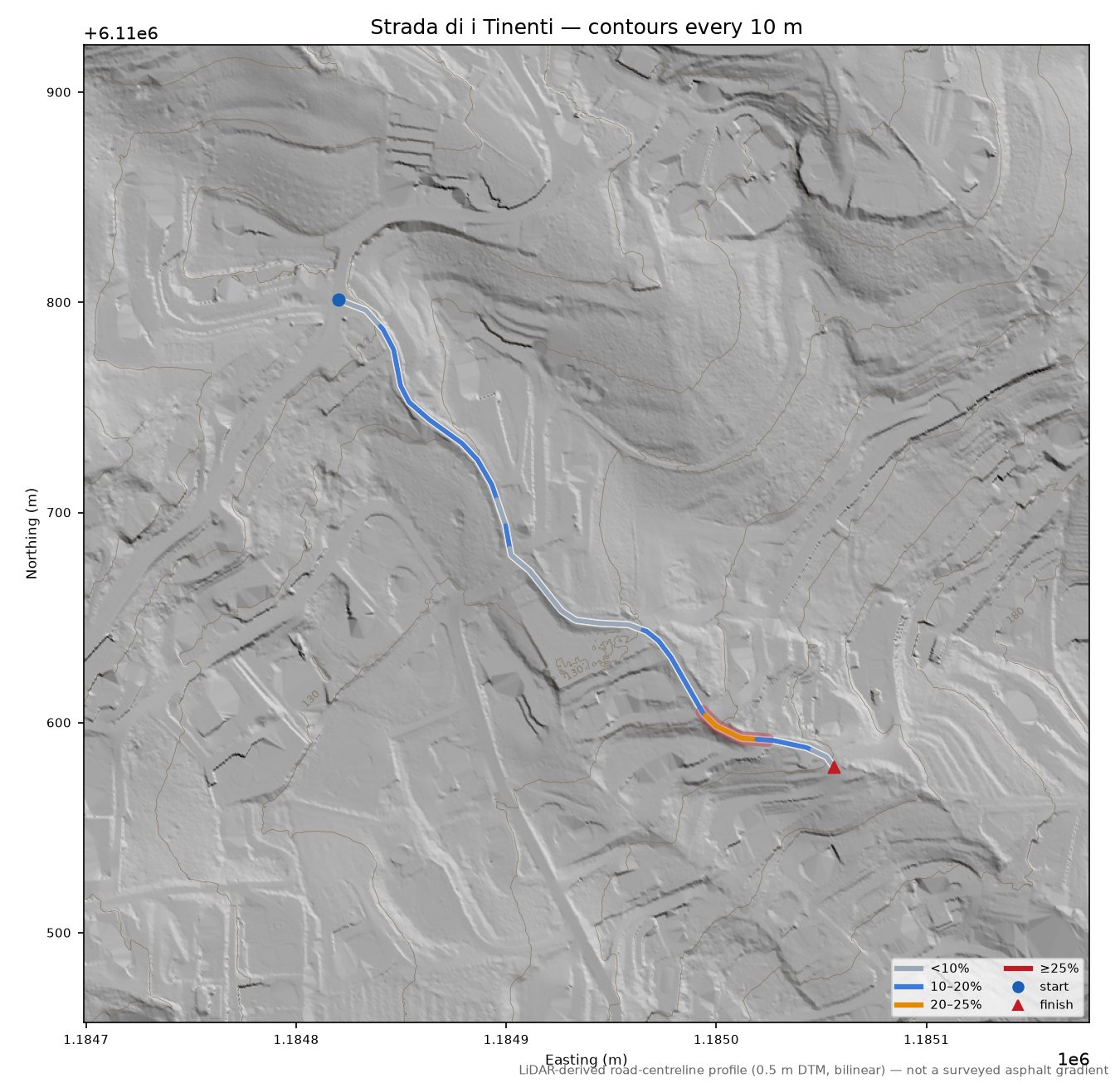 Strada di i Tinenti LiDAR hillshade map with contours
