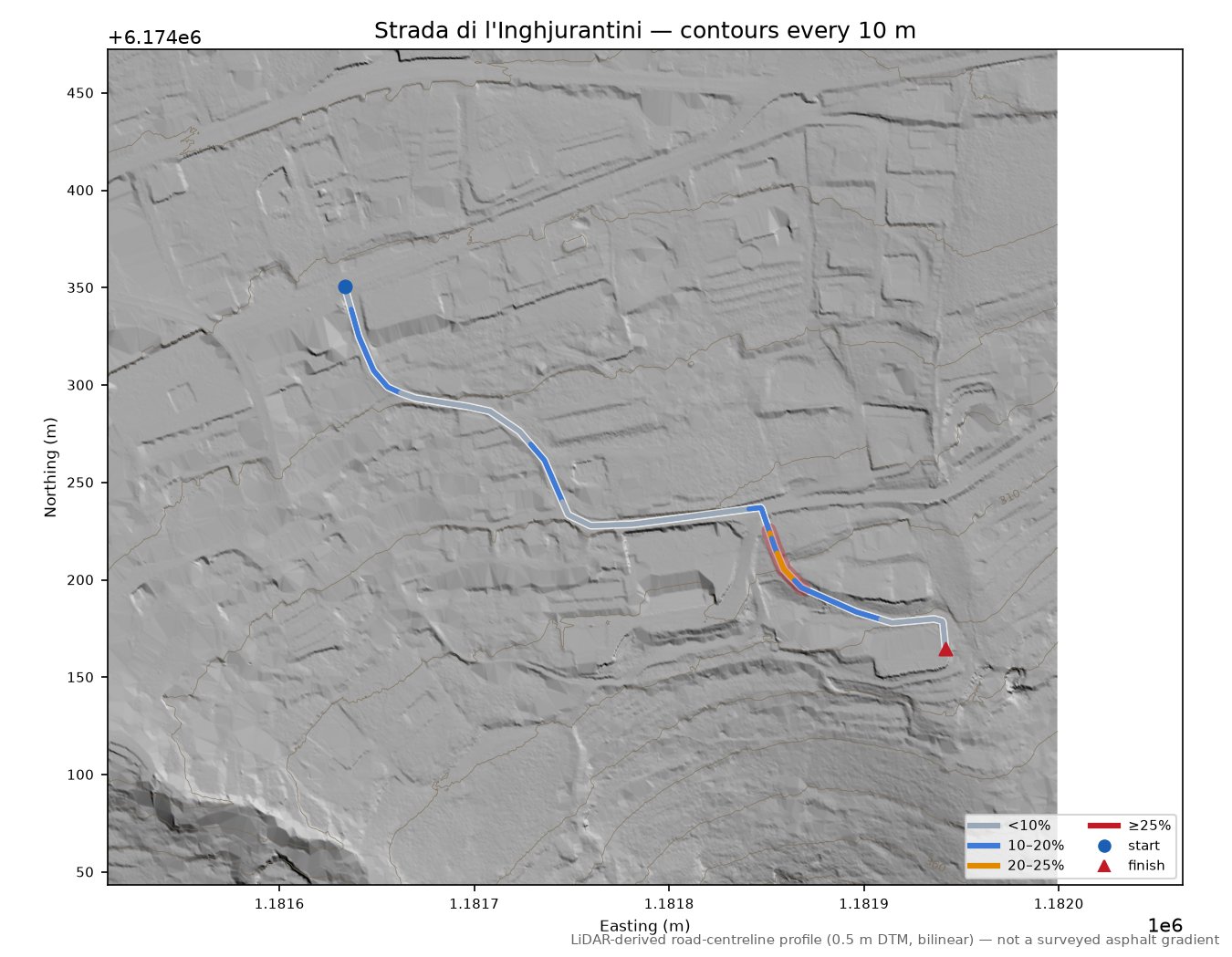 Strada di l'Inghjurantini LiDAR hillshade map with contours