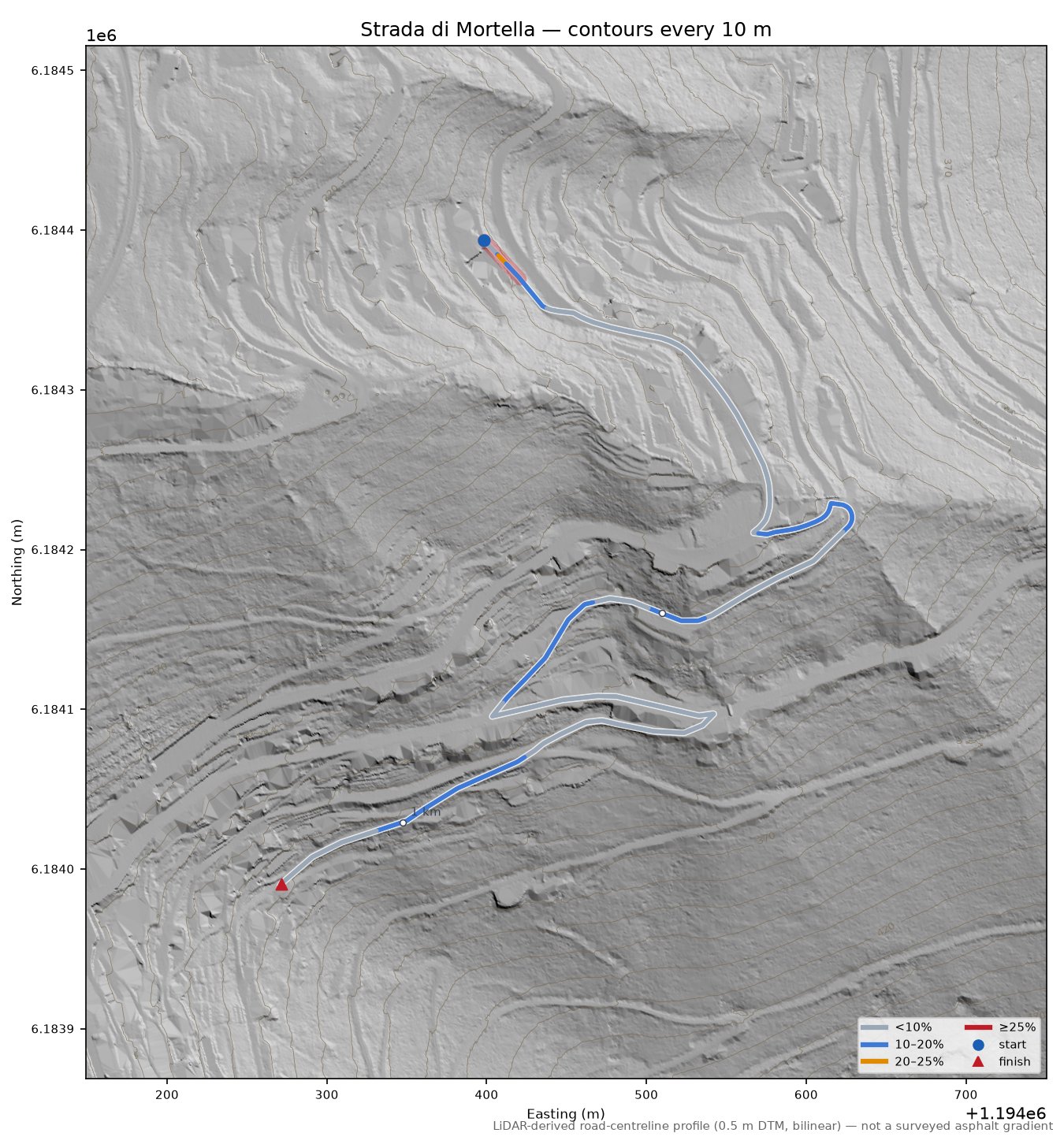 Strada di Mortella LiDAR hillshade map with contours