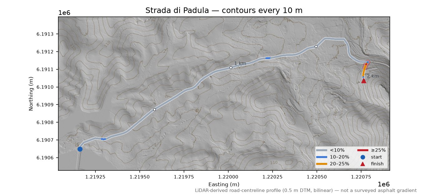 Strada di Padula LiDAR hillshade map with contours