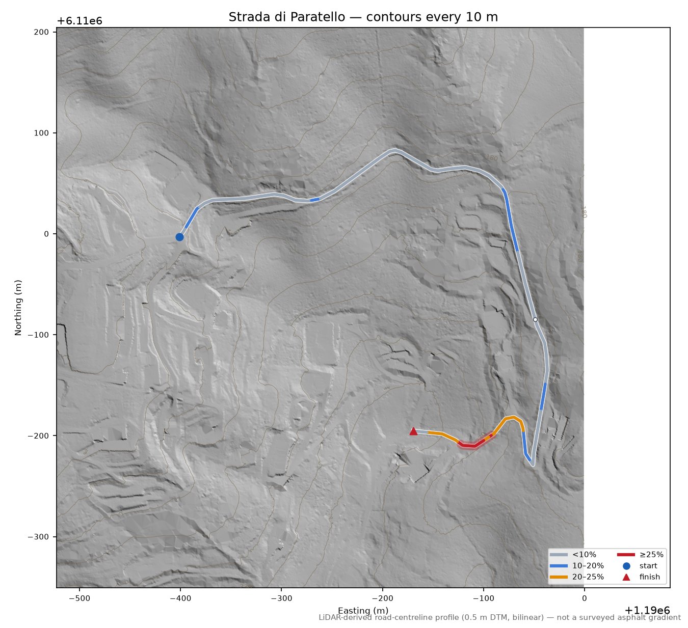 Strada di Paratello LiDAR hillshade map with contours